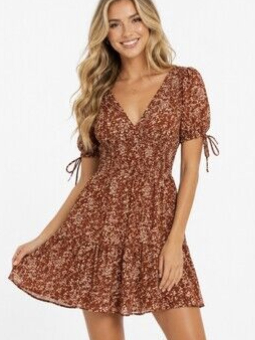 Sienna Sky Rust Floral V-Neck Tiered Mini Dress